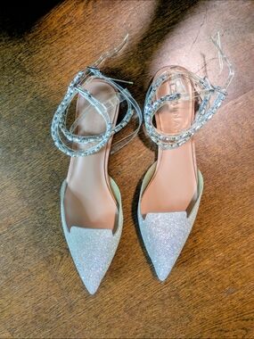 Crystal Embellished Pointed Toe Ankle Strap Flats - Silver